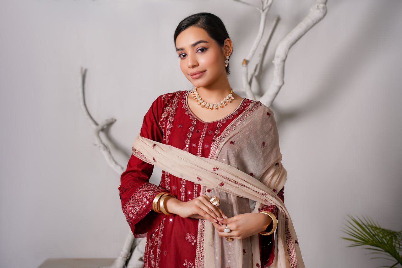 Portrait of a woman in traditional Pakistani dress with elegant accessories.