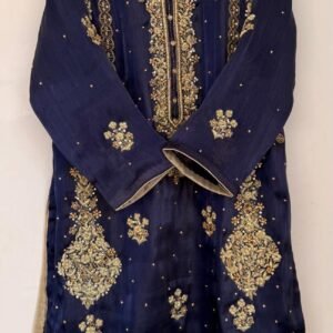 handcrafted navy blue kathan silk embroidered kurta